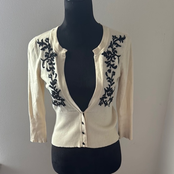 White House Black Market Sweaters - White House Black Market Sz S ivory silk blend cardigan black beaded